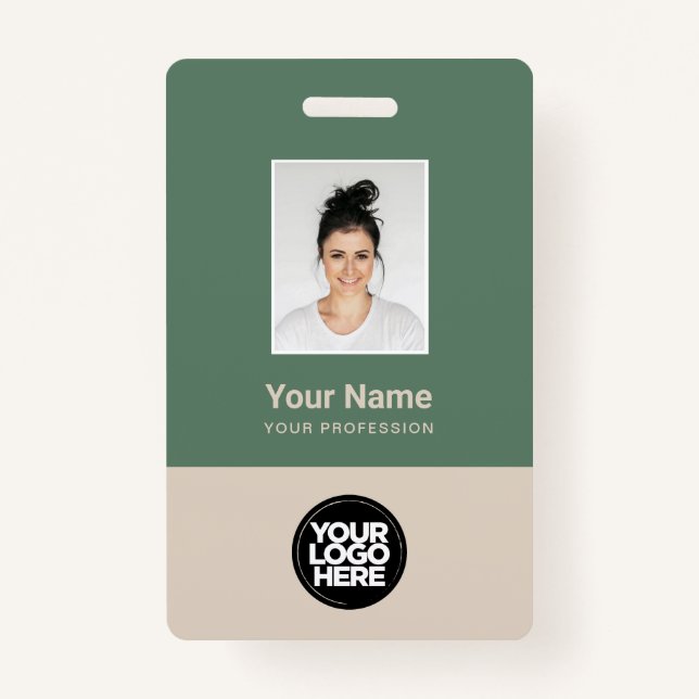 Sage Green Beige Employee Photo Logo Name ID Badge (Front)