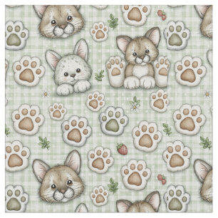 Sage Green Beige Gingham Cute Cat Paw Print Quilti Fabric