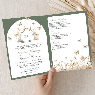 Sage Green Beige Wildflower Butterfly Arch Wedding Invitation