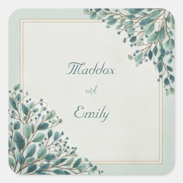 Sage Green Berry Gold Frame Wedding Square Sticker (Front)