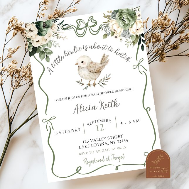 Sage Green Birdie Baby Shower Invitation (Creator Uploaded)