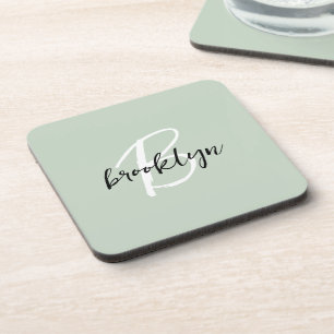 Sage Green Black and White Script Monogram  Coaster