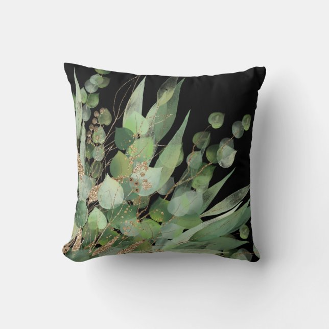 Sage Green Black Botanical PILLOW  (Front)