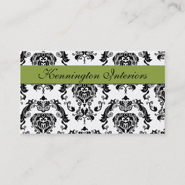 Sage Green Black Damask Lace Business Cards (Front)