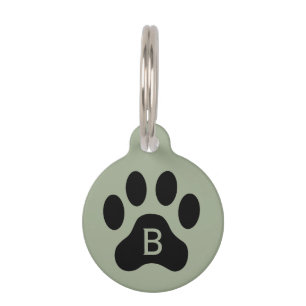 Sage Green Black Dog Paw Print Monogram Pet ID Tag