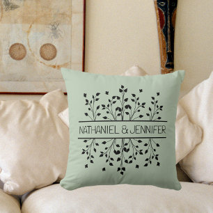 Sage Green & Black Floral Frame Monogram Wedding Cushion
