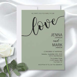 Sage Green Black Love Script Minimalist Wedding Invitation