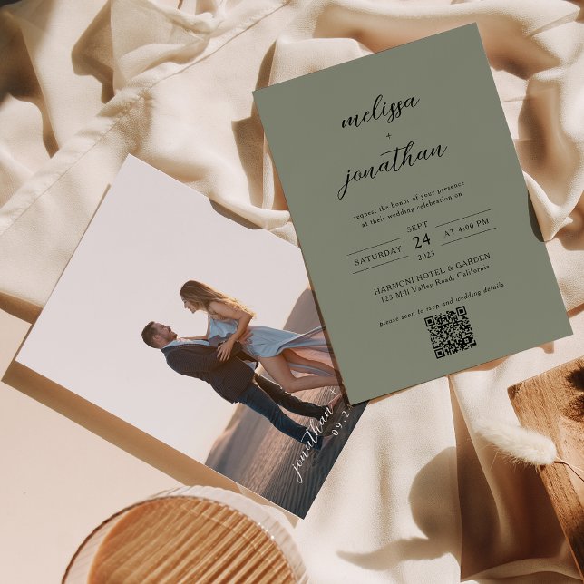Sage Green & Black Script Photo QR Code Wedding Invitation (Creator Uploaded)