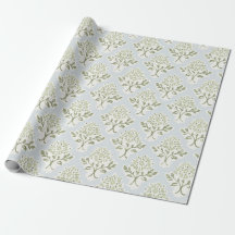 Sage Green Block Print Floral on Light Blue