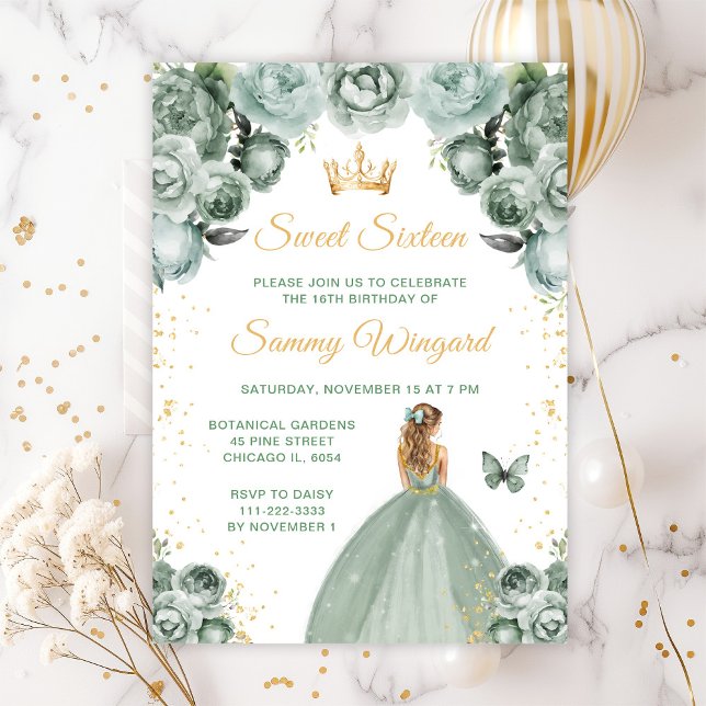 Sage Green Blonde Hair Princess Sweet Sixteen Invitation (Creator Uploaded)