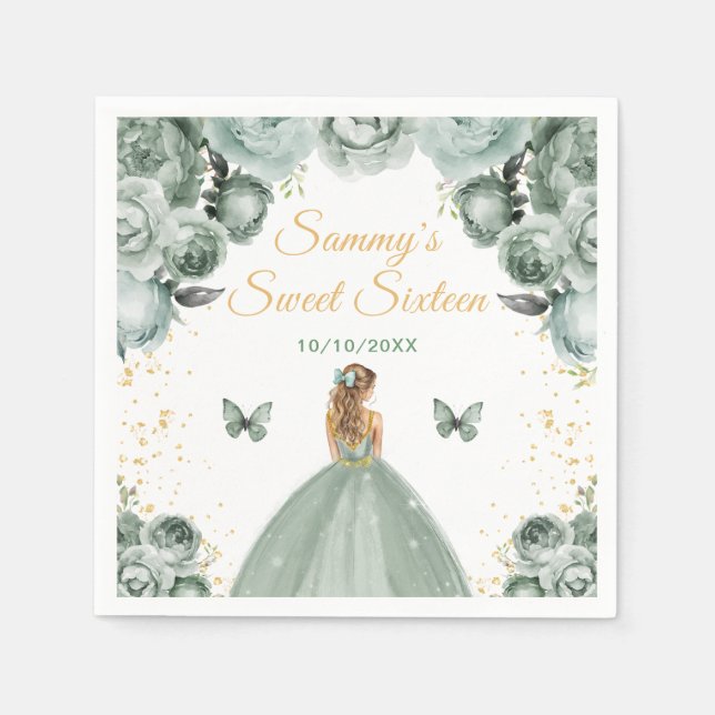 Sage Green Blonde Hair Princess Sweet Sixteen Napkin (Front)