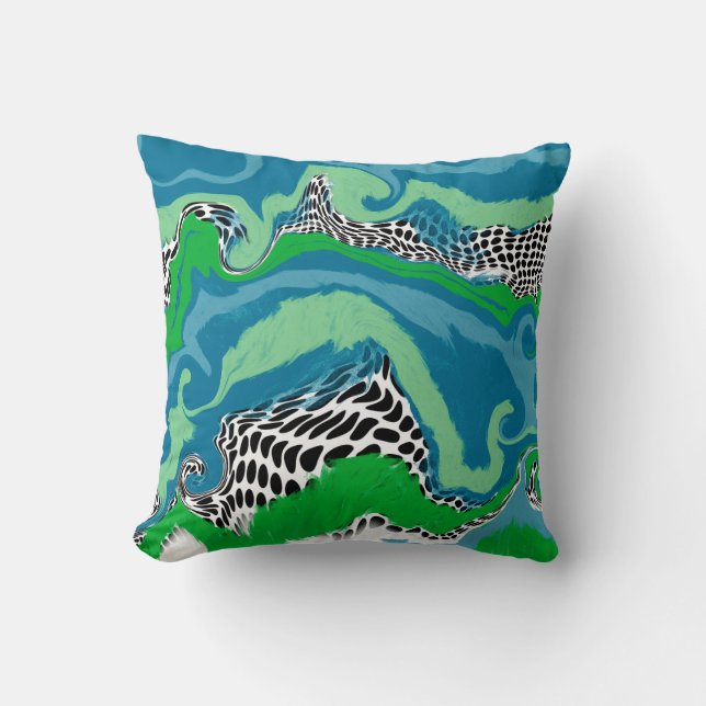Sage Green, Blue, Black and White Abstract Fluid  Cushion (Front)