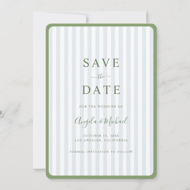 Sage Green & Blue Border Stripes Wedding Save The Date (Front)