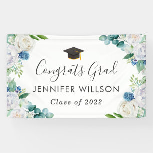 Sage Green Blue Floral Graduation Party Banner