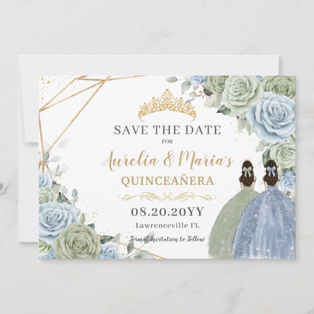 Sage Green Blue Floral Twins Quinceanera Sweet 16 Save The Date (Front)