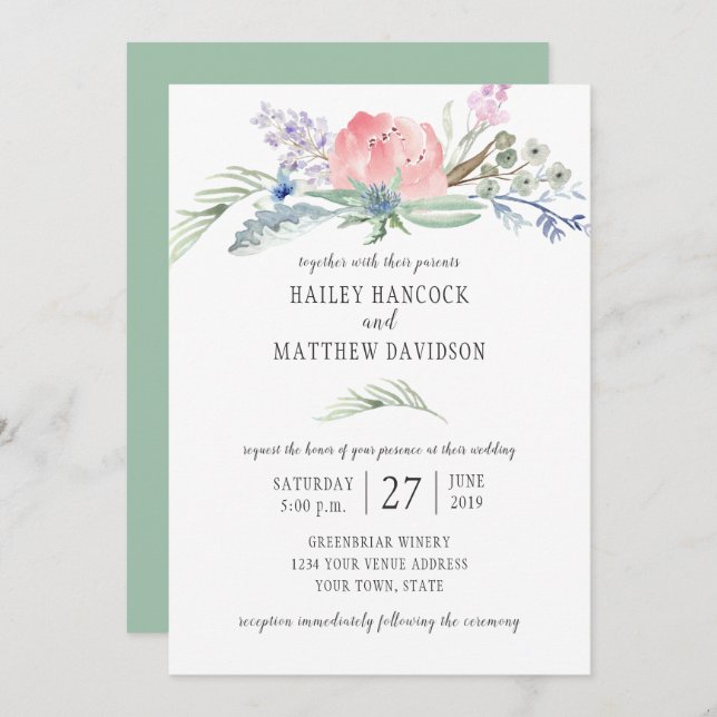 Sage Green Blue Pink Flowers Greenery Wedding Invitation (Front/Back)