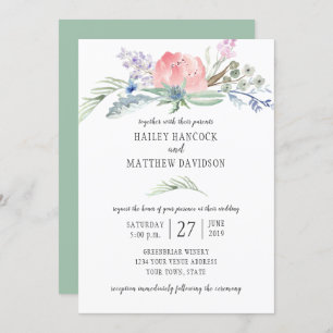 Sage Green Blue Pink Flowers Greenery Wedding Invitation