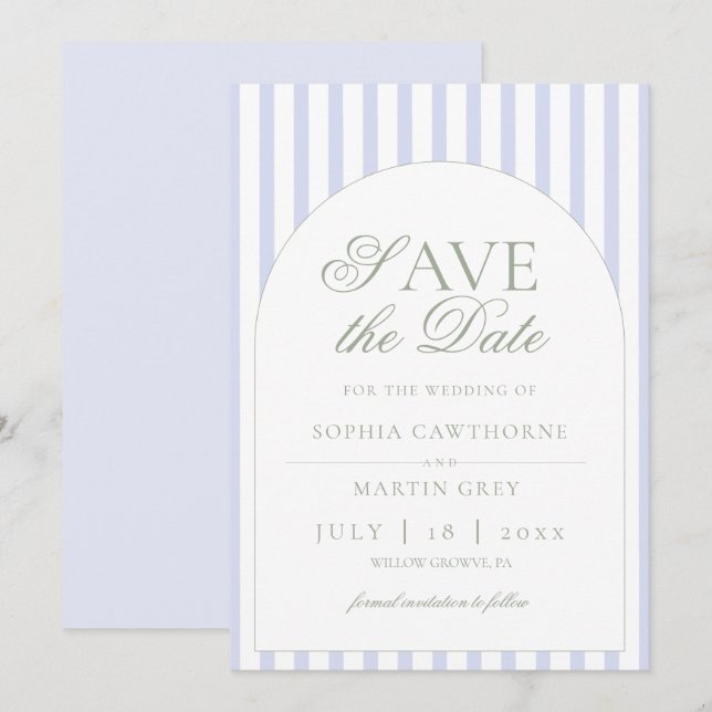 Sage Green & Blue Striped Elegant Classic  Save The Date (Front/Back)