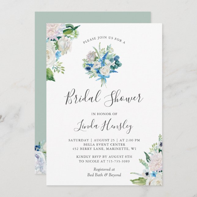 Sage Green Blue White Floral Bouquet Bridal Shower Invitation (Front/Back)