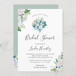 Sage Green Blue White Floral Bouquet Bridal Shower Invitation