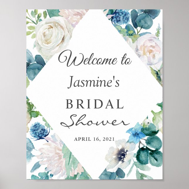 Sage Green Blue White Floral Bridal Shower Sign (Front)