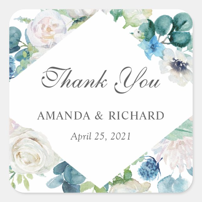 Sage Green Blue White Floral Wedding Thank You Square Sticker (Front)