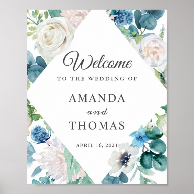 Sage Green Blue White Floral Wedding Welcome Sign (Front)
