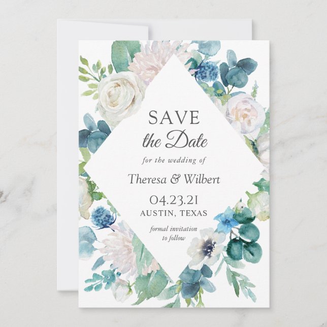 Sage Green Blue White Garden Floral Wedding Save The Date (Front)