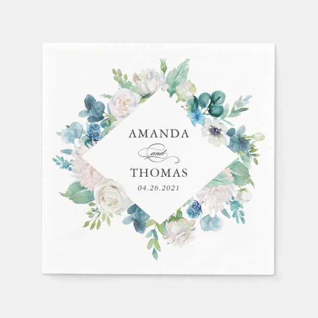 Sage Green Blue White Pastel Floral Wedding Napkin (Front)