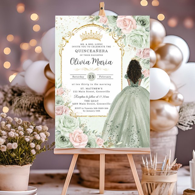 Sage Green Blush Floral Brown Girl Quinceañera  Invitation (sage green blush pink floral flowers gold quinceanera brown black curly hair girl sweet 16 invites)