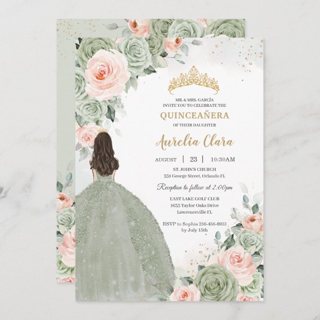 Sage Green Blush Floral Gold Quinceañera Sweet 16 Invitation (Front/Back)