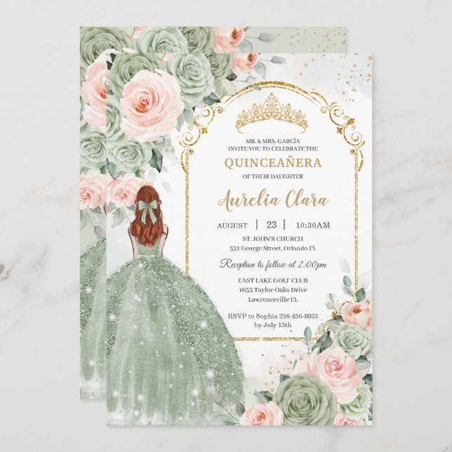 Sage Green Blush Floral Gold Quinceañera Sweet 16 Invitation (Front/Back)