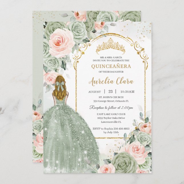 Sage Green Blush Floral Gold Quinceañera Sweet 16 Invitation (Front/Back)