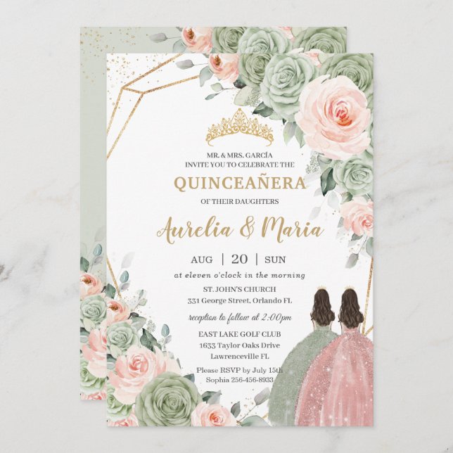 Sage Green Blush Floral Gold Quinceañera Twins Invitation (Front/Back)