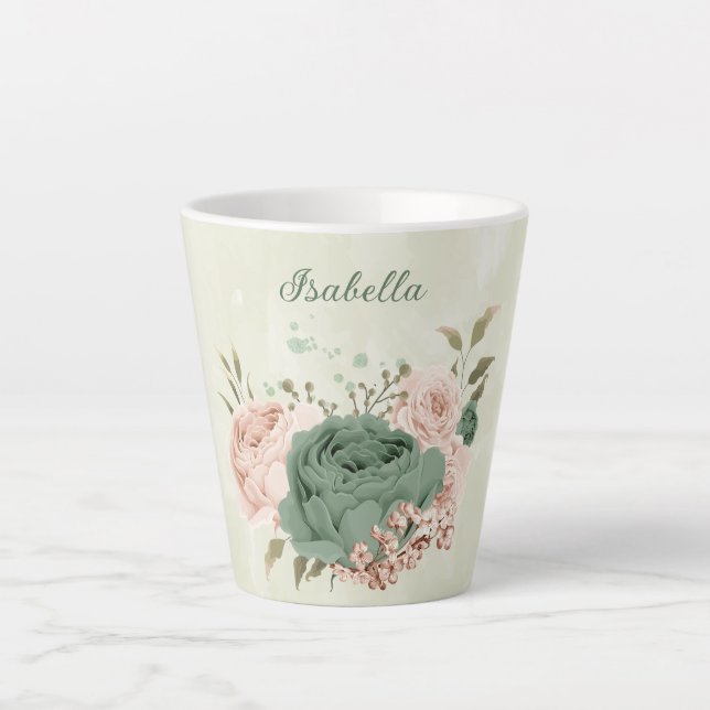 sage green blush floral  latte mug (Front)