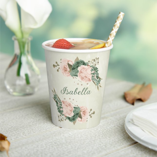 sage green blush floral  paper cups (Insitu)