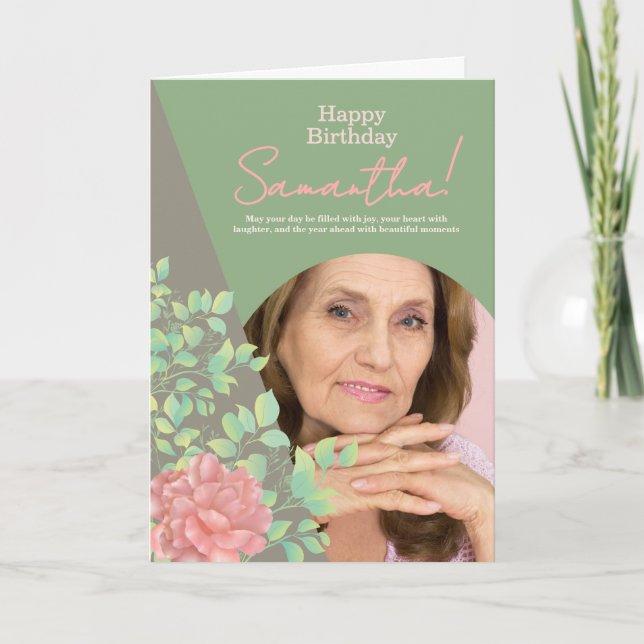 Sage Green Blush Floral Photo Birthday Greeting Card (Front)