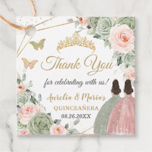 Sage Green Blush Floral Twin Girls Quinceañera Favour Tags