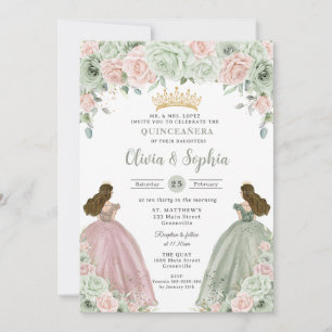 Sage Green Blush Floral Twin Girls Quinceañera  Invitation