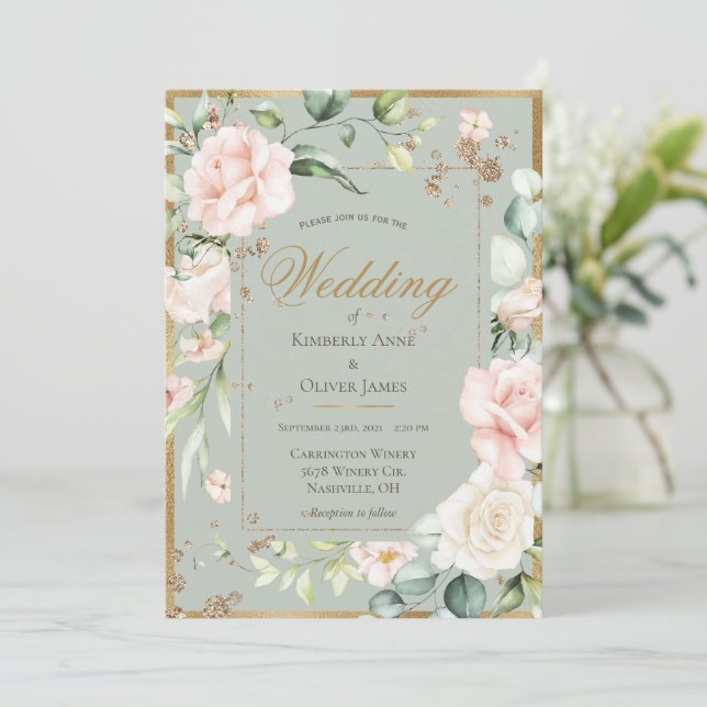Sage Green Blush Floral Watercolor Wedding Invitation (Standing Front)