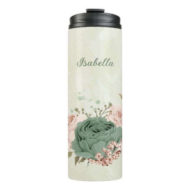 sage green blush floral wedding thermal tumbler (Front)