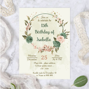 sage green blush flowers botanical birthday invitation