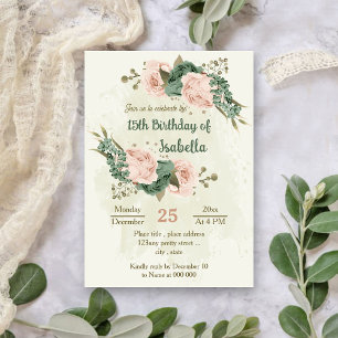 sage green blush flowers botanical birthday invitation
