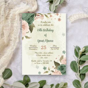 sage green blush flowers botanical birthday invitation