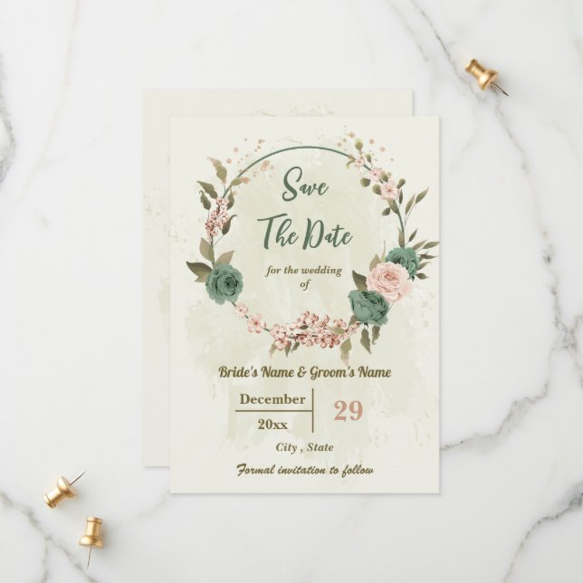 sage green & blush flowers botanical save the date (Front/Back In Situ)