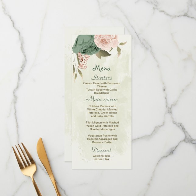 sage green blush flowers botanical wedding menu (Front/Back In Situ)