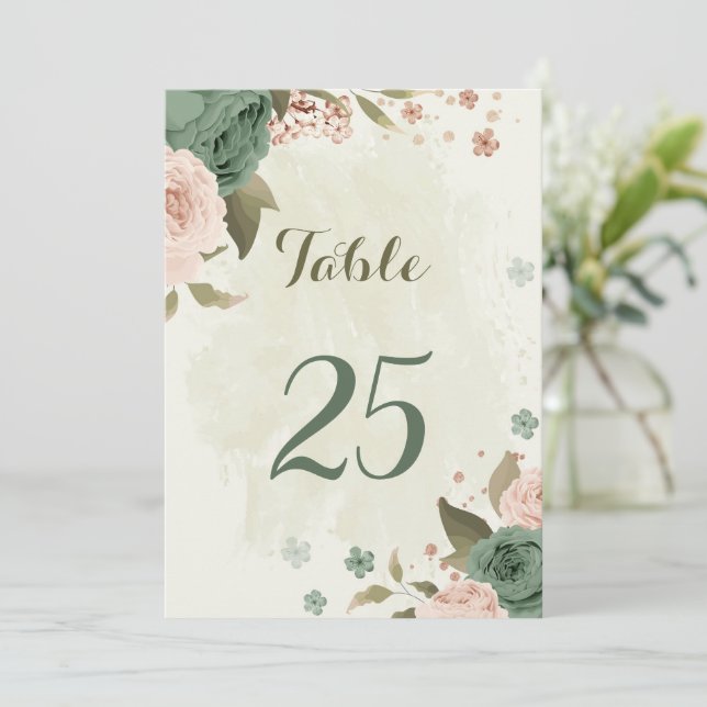 sage green blush flowers table number card (Standing Front)