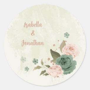 sage green blush flowers wedding classic round sticker