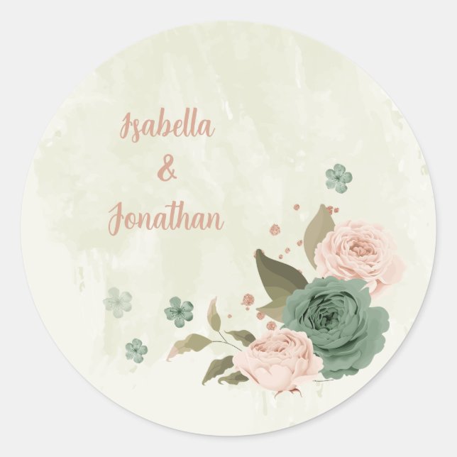 sage green blush flowers wedding classic round sticker (Front)