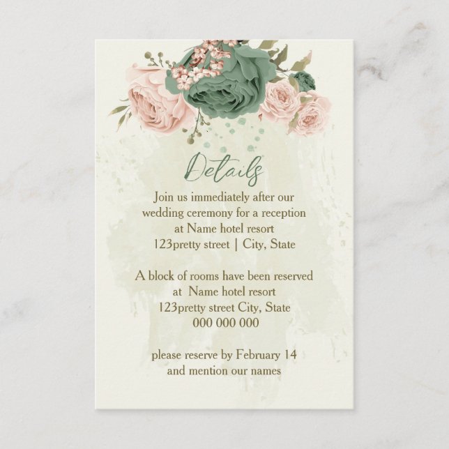 sage green blush flowers wedding details enclosure card (Front)